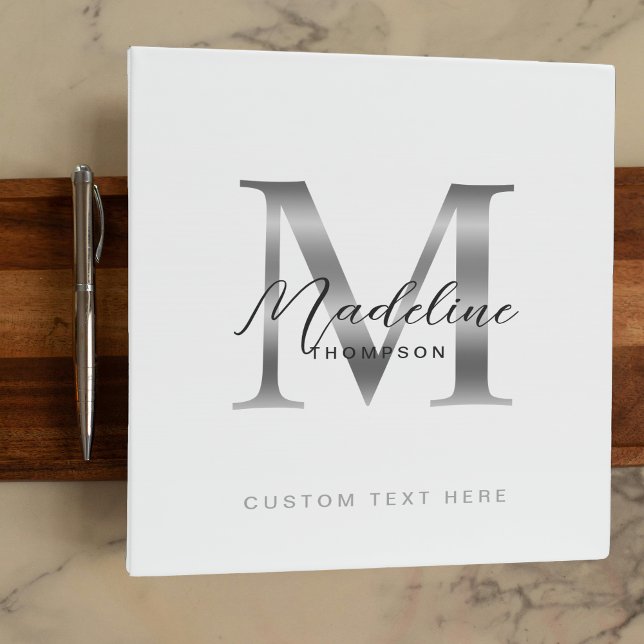 Minimalist Script White Metallic Silver Monogram 3 Ring Binder (Creator Uploaded)