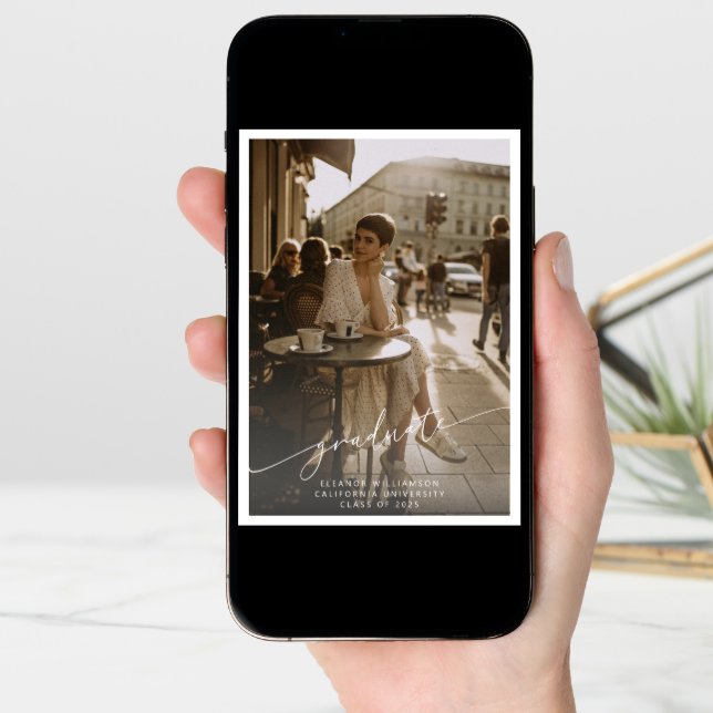 Minimalist Script White Overlay Photo Graduation Announcement (Front Digital)