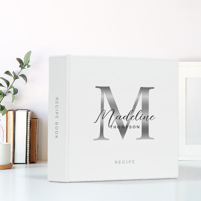 Minimalist Script White Silver Monogram Recipe 3 Ring Binder (Creator Uploaded)