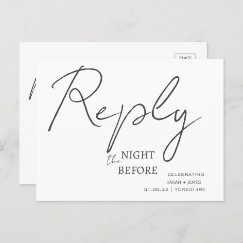 Minimalist Script White the Night Before RSVP  Invitation Postcard