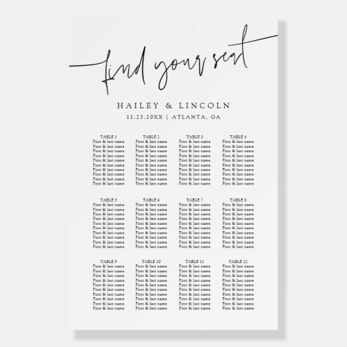 Minimalist Script White Wedding Seating Chart Foam Board