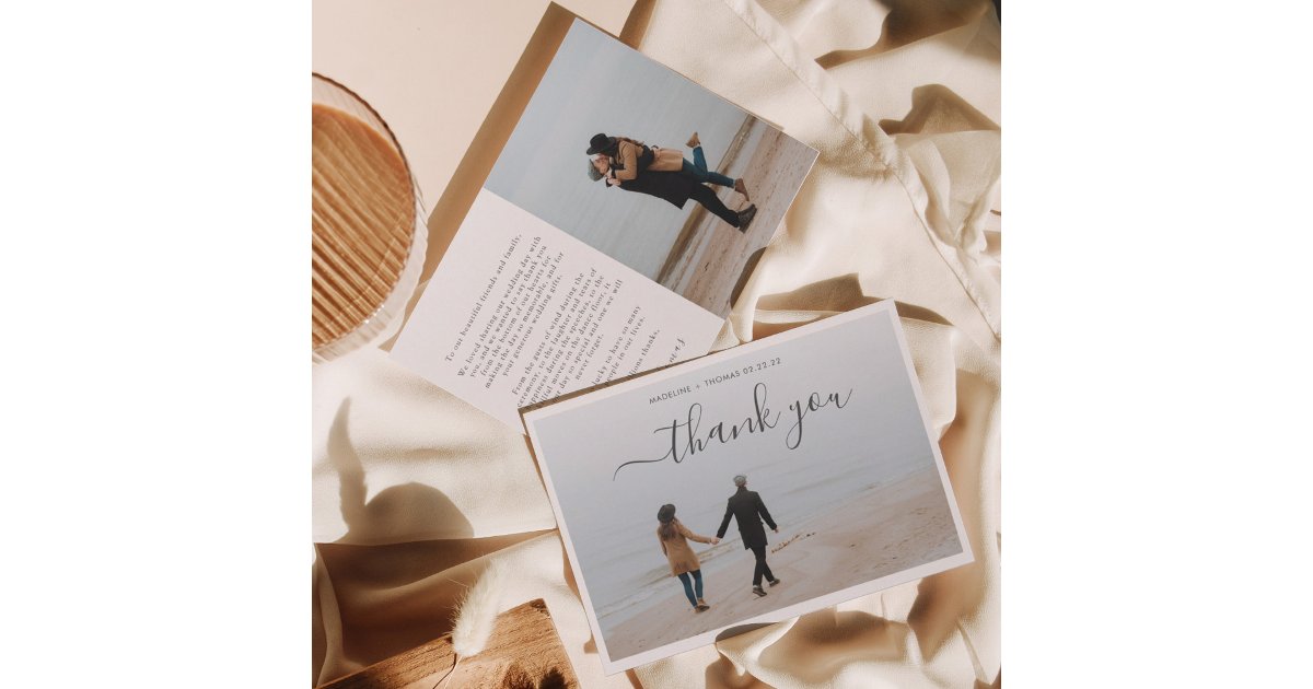 Minimalist Script with 2 photo collage wedding Thank You Card | Zazzle