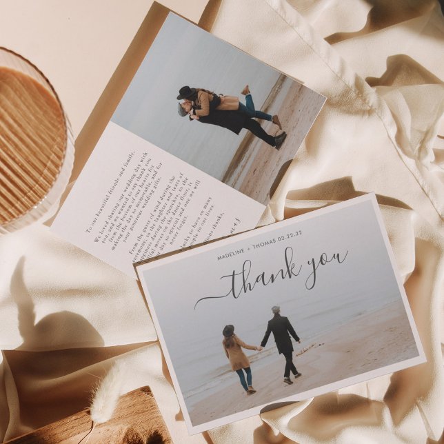 Minimalist Script with 2 photo collage wedding Thank You Card (Creator Uploaded)