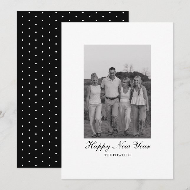 Minimalist Script with Polka Dots Happy New Year  Holiday Card (Front/Back)