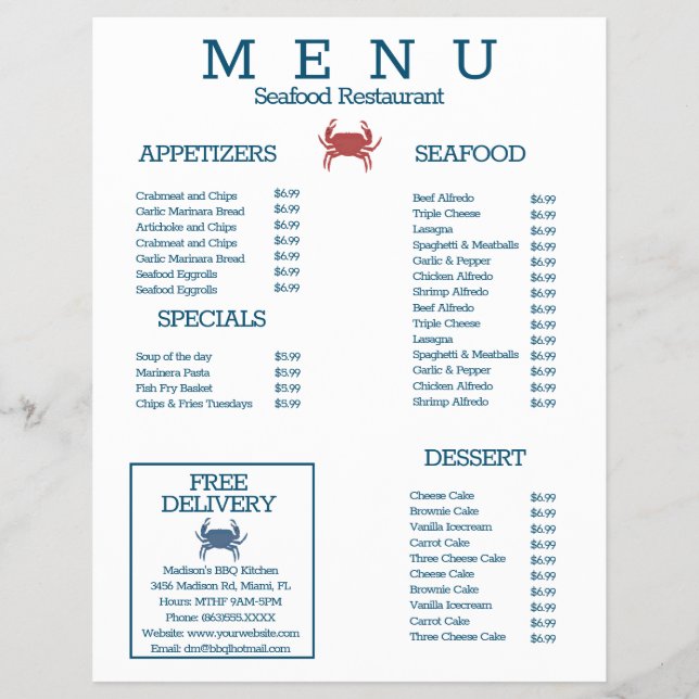 Minimalist Seafood Crab Grill Restaurant Menu C Flyer (Front)