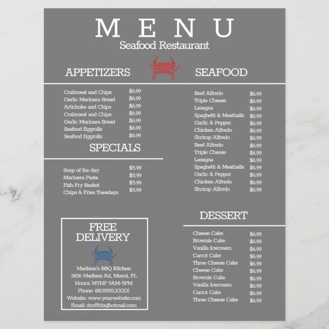 Minimalist Seafood Crab Grill Restaurant Menu Gray Flyer (Front)