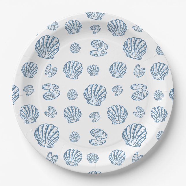Minimalist Seashell Pearl Nautical Pattern Paper Plates (Front)