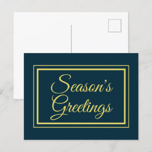 Minimalist Seasons Greetings Blue Gold Christmas Holiday Postcard