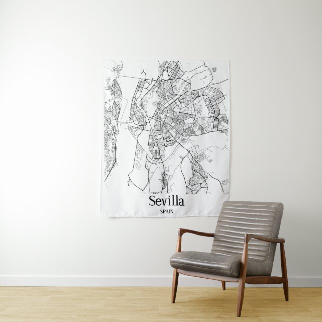 Minimalist Sevilla City Map Tapestry (In Situ)