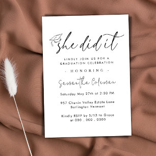 Minimalist She Did it   Modern Graduation Party Invitation