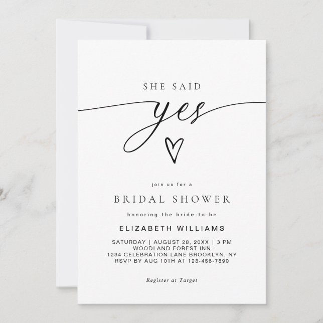Minimalist She Said Yes Heart Script Bridal Shower Invitation (Front)