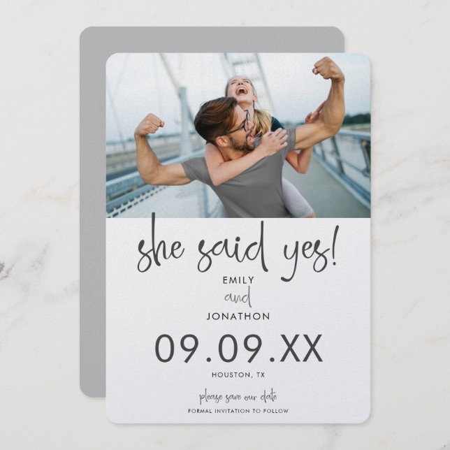 Minimalist She Said Yes Photo Modern Script Save The Date (Front/Back)