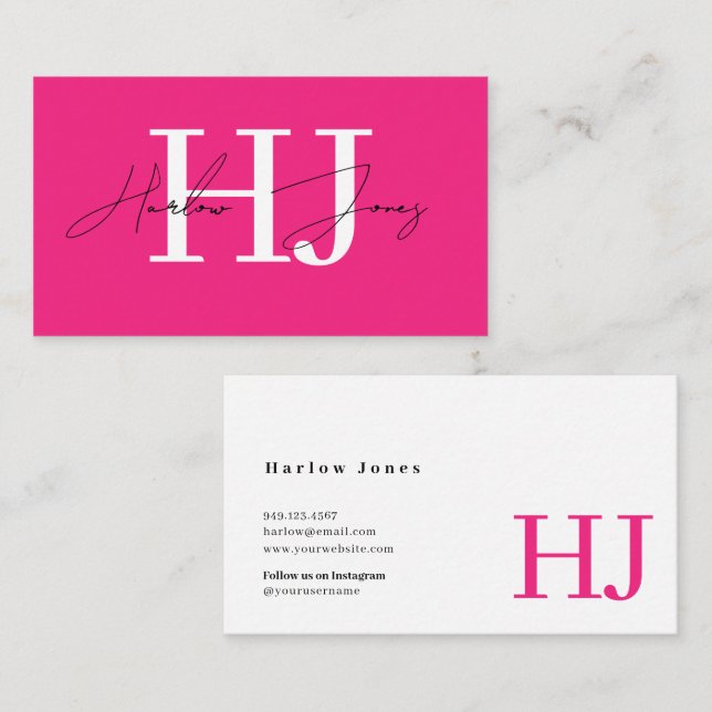 Minimalist Signature Monogram Hot Pink Business Ca Business Card (Front/Back)