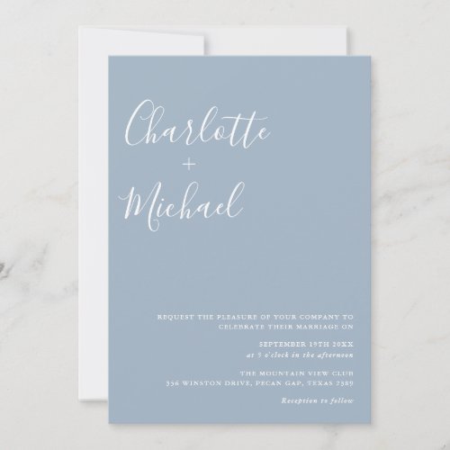 Minimalist Signature Script Dusty Blue Wedding Invitation