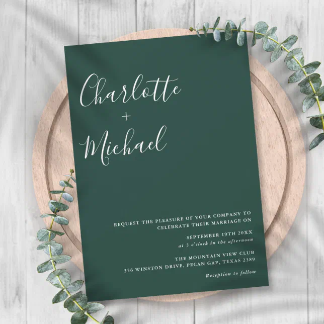 Minimalist Signature Script Emerald Green Wedding Invitation | Zazzle