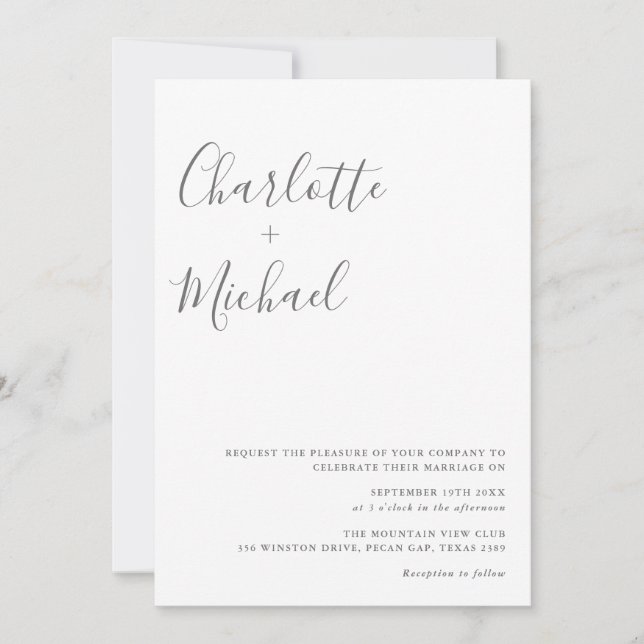 Minimalist Signature Script Gray And White Wedding Invitation (Front)
