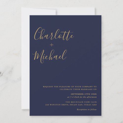 Minimalist Signature Script Navy Blue Gold Wedding Invitation