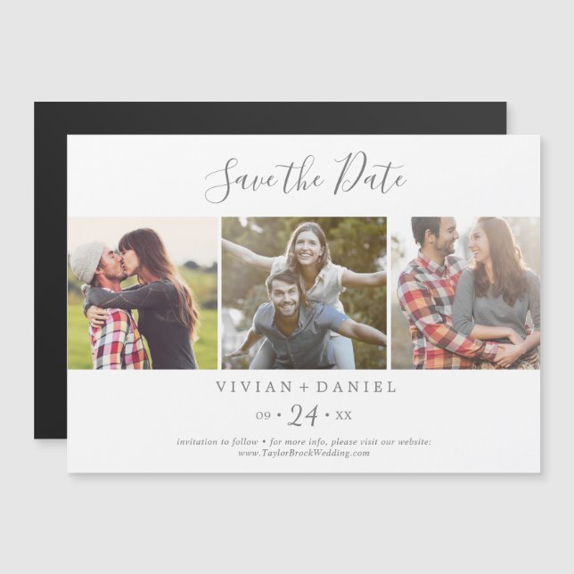 Minimalist Silver 3 Photo Template Save the Date Magnetic Invitation (Front/Back)
