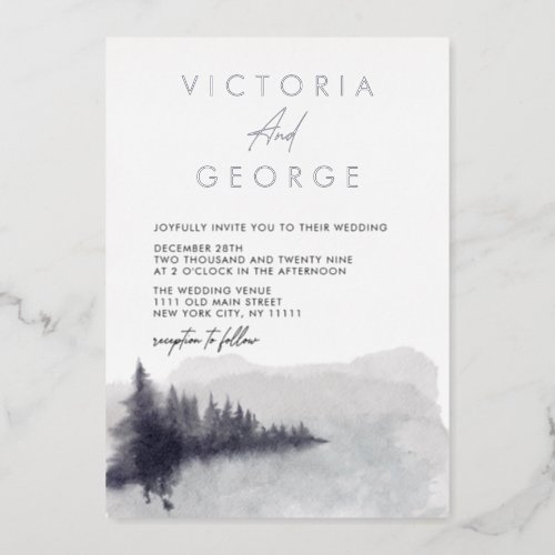 Minimalist Silver Black White Elegant Wedding Foil Invitation
