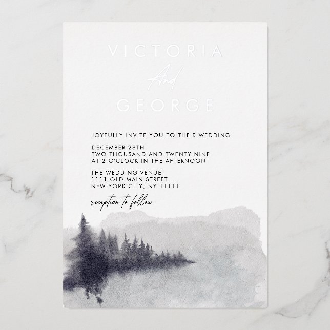 Minimalist Silver Black White Elegant Wedding Foil Invitation (Front)