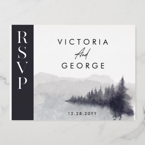 Minimalist Silver Black White Elegant Wedding RSVP Foil Invitation Postcard