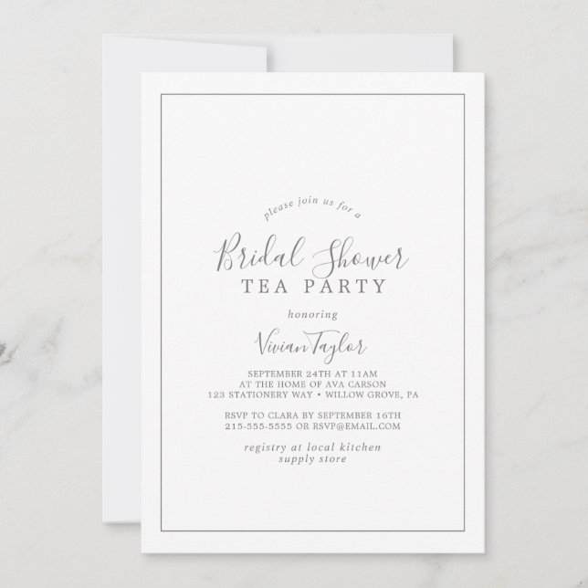 Minimalist Silver Bridal Shower Tea Party Invitation (Front)