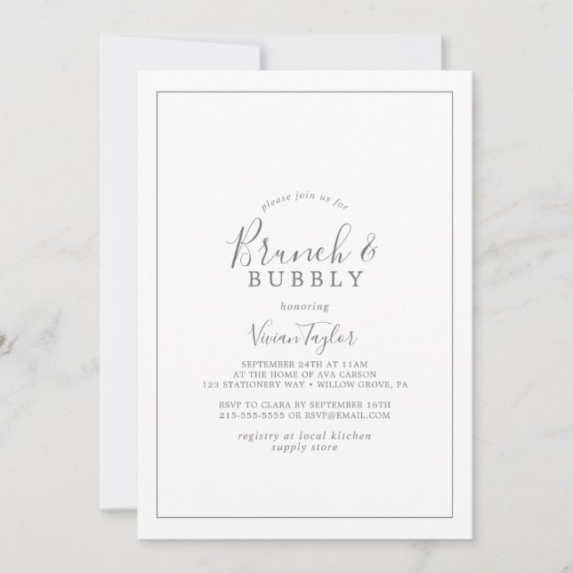 Minimalist Silver Brunch and Bubbly Bridal Shower Invitation (Front)