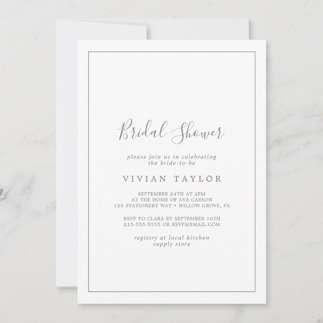 Minimalist Silver Calligraphy Bridal Shower Invitation (Front)