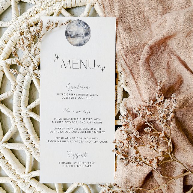 Minimalist Silver Disco Ball Wedding Menu (Creator Uploaded)