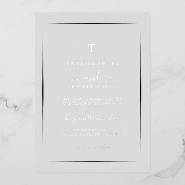 Minimalist Silver Foil | Gray Monogram Wedding  Invitation (Front)