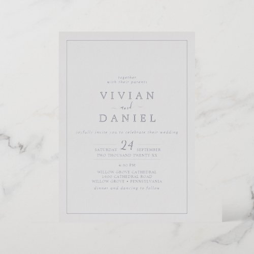 Minimalist Silver Foil  Gray Styled Date Wedding Foil Invitation