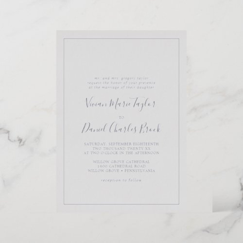 Minimalist Silver Foil  Gray Traditional Wedding Foil Invitation