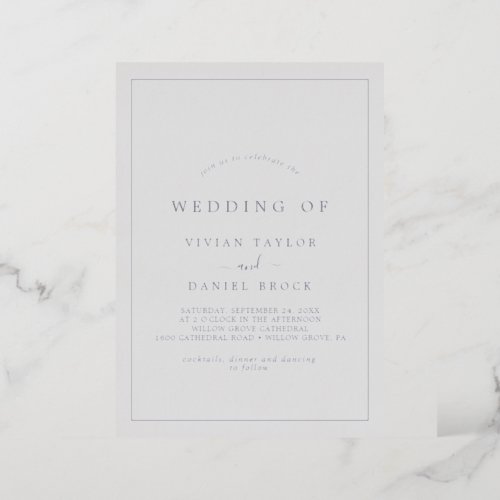 Minimalist Silver Foil  Gray Typography Wedding Foil Invitation