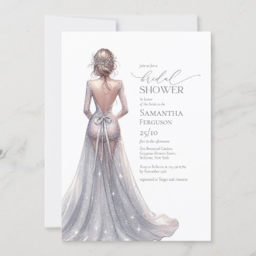 Minimalist silver glitter lux wedding gown invitation