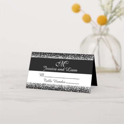 Minimalist Silver Glitter on Black Place Card