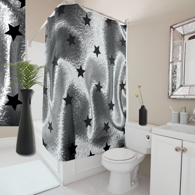 Minimalist Silver Gray with Black Stars  Shower Curtain (Unexpected wow factor for your powder room!)
