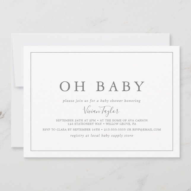 Minimalist Silver Horizontal Oh Baby Baby Shower Invitation (Front)