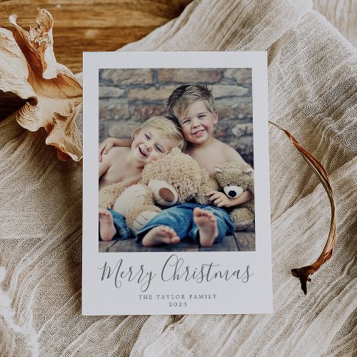 Minimalist Silver Merry Christmas Portrait Photo Holiday Card