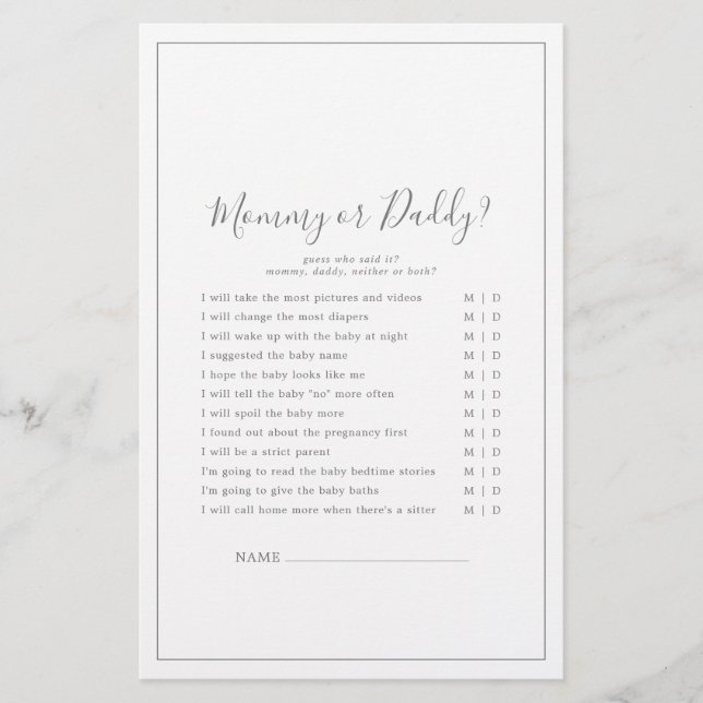 Minimalist Silver Mommy or Daddy Game (Front)