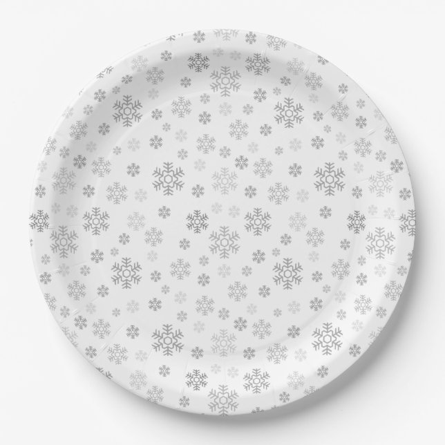 Minimalist Silver Snowflakes Paper Plates (Front)