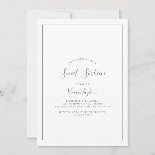 Minimalist Silver Sweet Sixteen Birthday Invitation (Front)