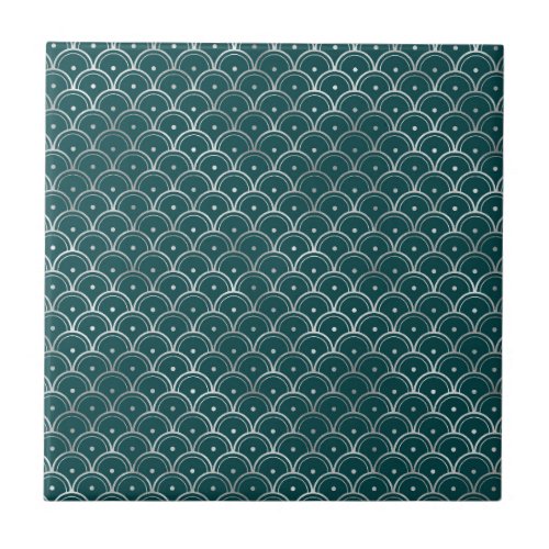 Minimalist Silver Teal Art Deco Graphic Ceramic Tile