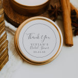 Minimalist Silver Thank You Bridal Shower Favor Classic Round Sticker<br><div class="desc">These minimalist silver thank you bridal shower favor stickers are perfect for a simple wedding shower. The modern romantic design features classic silver gray and white typography paired with a rustic yet elegant calligraphy with vintage hand lettered style. Customizable in any color. Keep the design simple and elegant, as is,...</div>