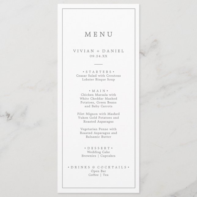 Minimalist Silver Typography Wedding Dinner Menu (Front)