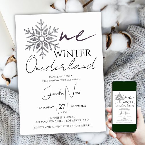 Minimalist Silver Winter ONEderland 1st Birthday Invitation