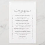 Minimalist Silver Would She Rather Game Flyer<br><div class="desc">This minimalist silver would she rather game is perfect for a simple wedding shower. The modern romantic design features classic silver gray and white typography paired with a rustic yet elegant calligraphy with vintage hand lettered style. Customizable in any color. Keep the design simple and elegant, as is, or personalize...</div>