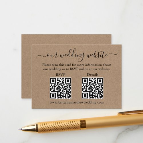 Minimalist Simple 2 QR Kraft Wedding RSVP Details Enclosure Card