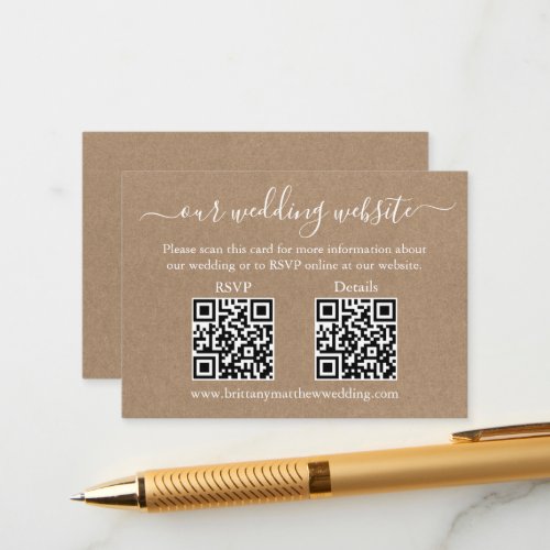 Minimalist Simple 2 QR Wedding RSVP Details Kraft Enclosure Card