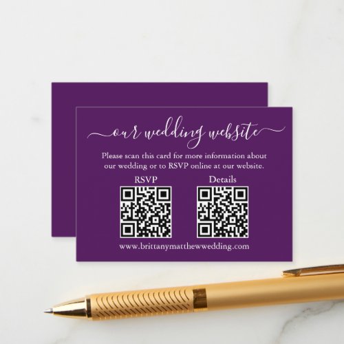 Minimalist Simple 2 QR Wedding RSVP Details Purple Enclosure Card