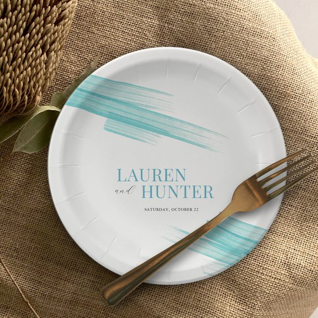 Minimalist simple aqua ink stripes wedding paper plates (Creator Uploaded)